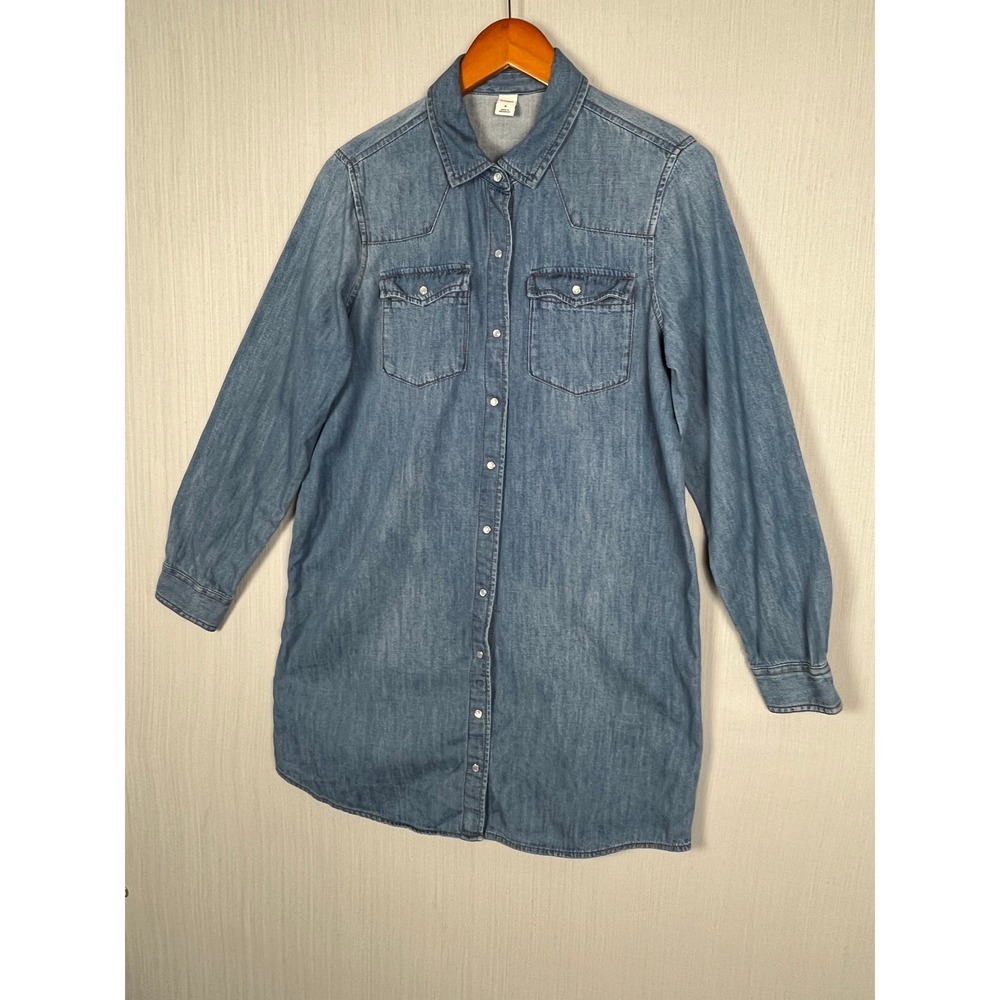 Old Navy Pearl Snap Shirt Dress Womens M Blue Denim Western‎ Long Sleeve Cotton